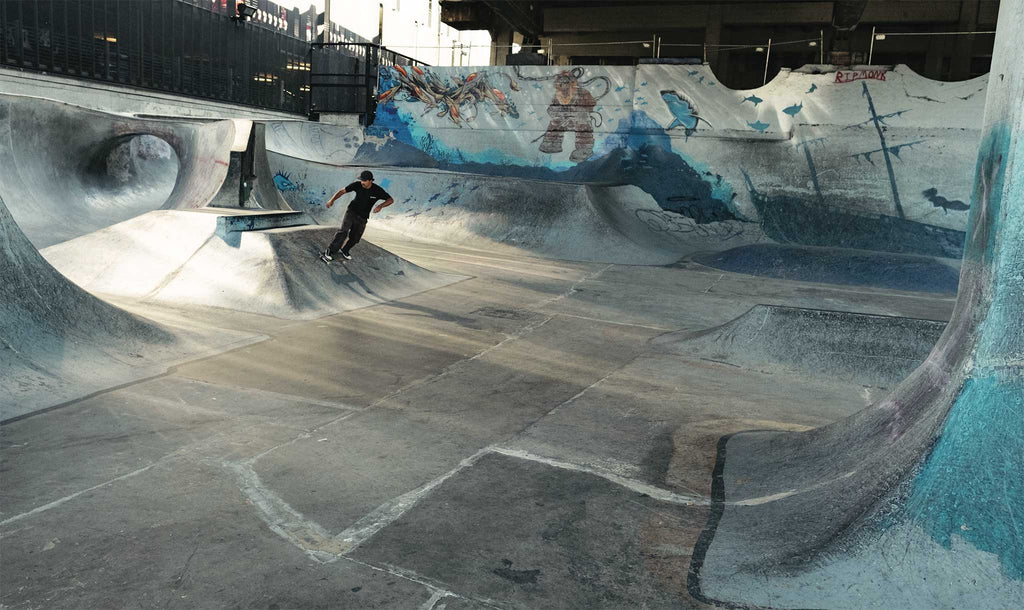 man skateboarding in a skatepark wearing a black wild riders tshirt